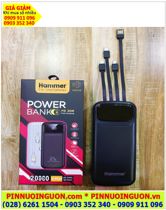 HAMMER H-PC02 PowerBank Pin dự phòng 20 000mAh 74Wh (22.5W Super Fast Charge QC 3.0, LED LCD, 04 dây cáp)
